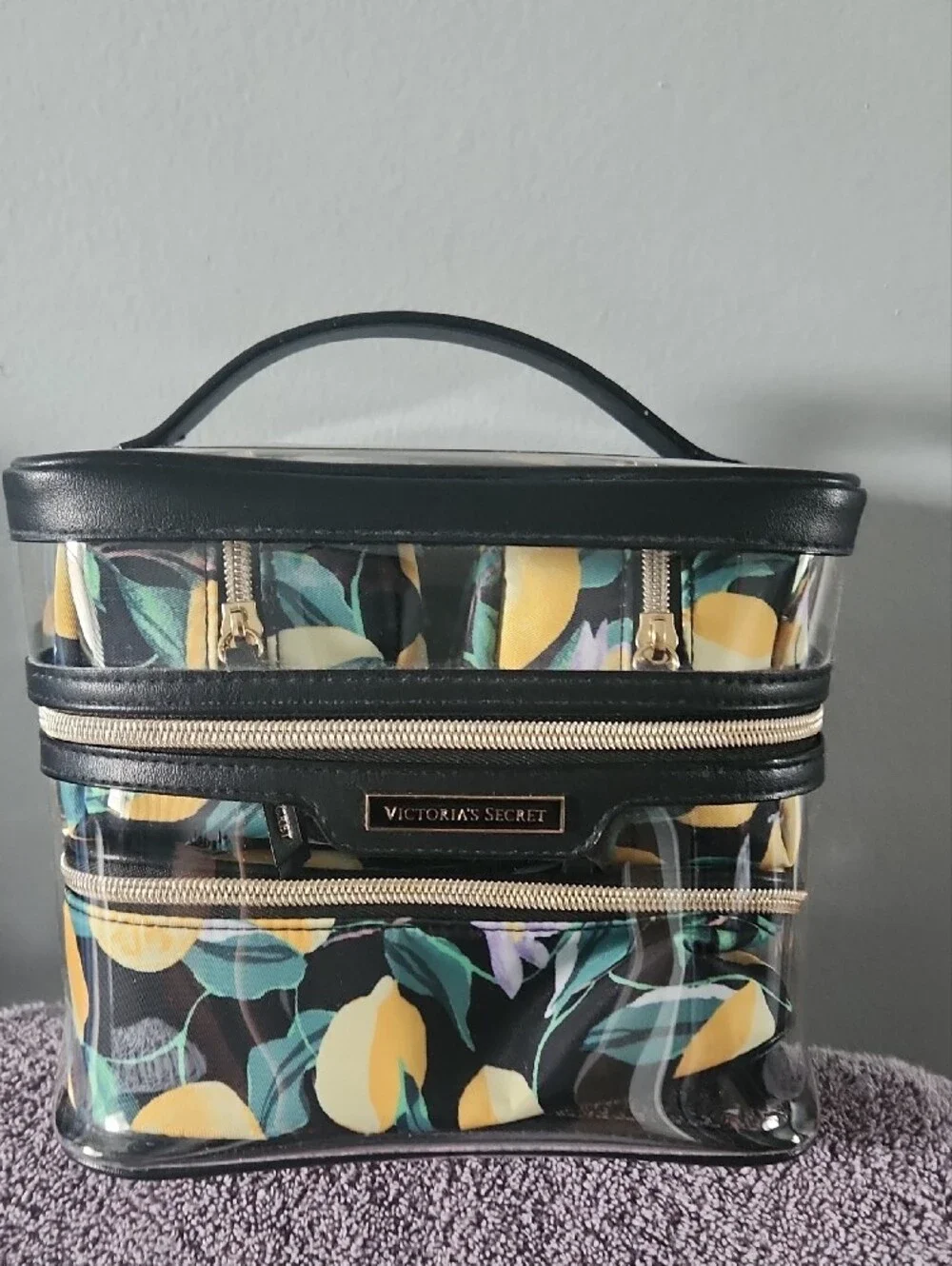 Victoria's Secret Clear Floral Cosmetic Case - Black Trim with Yellow Accents